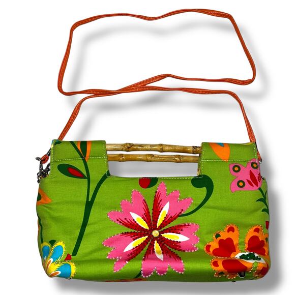 Vintage Y2K Braciano Purse Bag Tropical Floral Beaded Bamboo Handles Green Pink - Picture 1 of 16